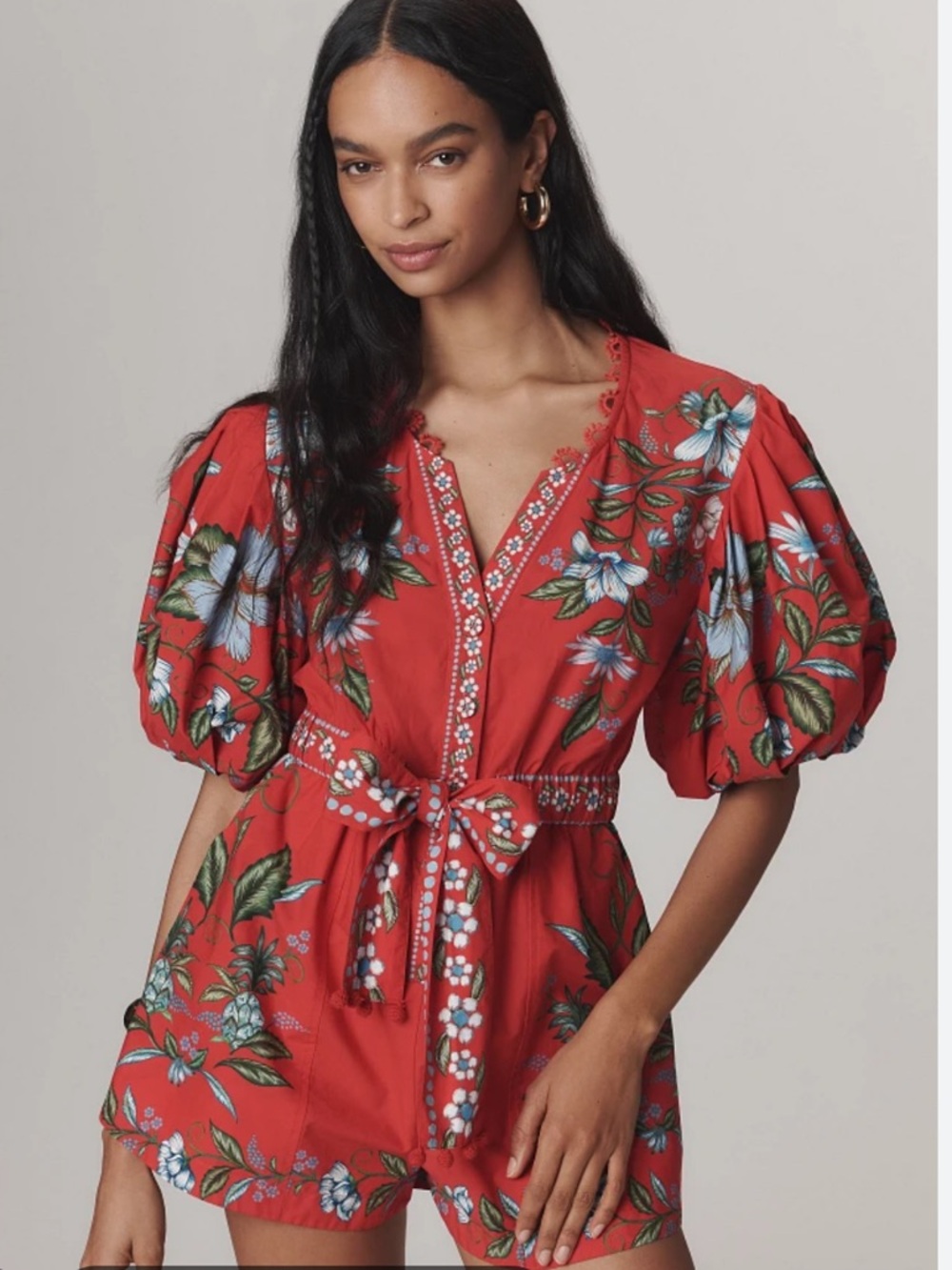 FARM RIO Red Sweet Bloom Bouquet Cotton Romper medium